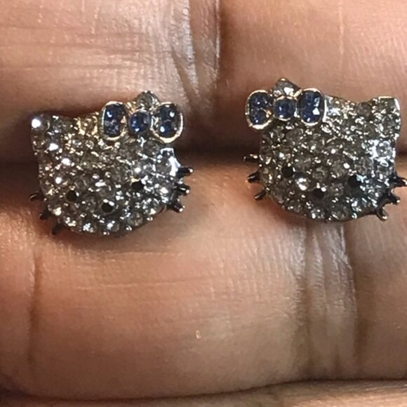 Blue Sanrio Hello Kitty Ear Stud Cute Girl Y2K Kawaii Rhinestone Earrings - Picture 2 of 5